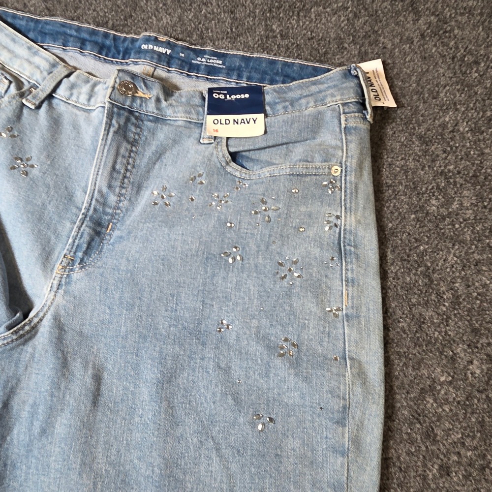 Old Navy OG Loose Jeans Womens 16 Light Wash Rhinestone Embellish High Rise NWT - Picture 8 of 8